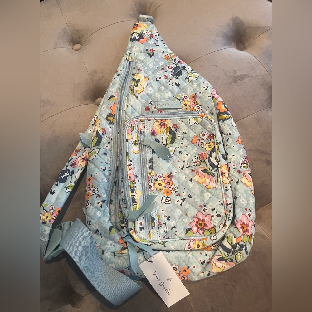 NWT!! Vera Bradley Floating Garden Mini Sling Backpack Light Blue Floral Bag $40